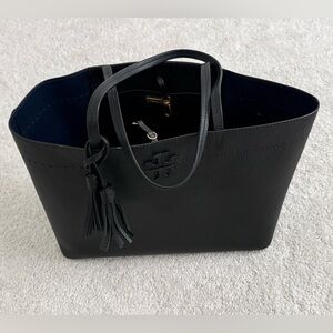 Tory Burch McGraw Pebbled Leather Large Tote with Logo and Tassel in Black